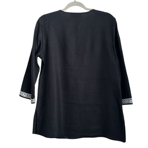 JONES NEW YORK Linen Split Neck Tunic Top Blouse Black Soutache Embroidery Sz. M - Picture 2 of 10